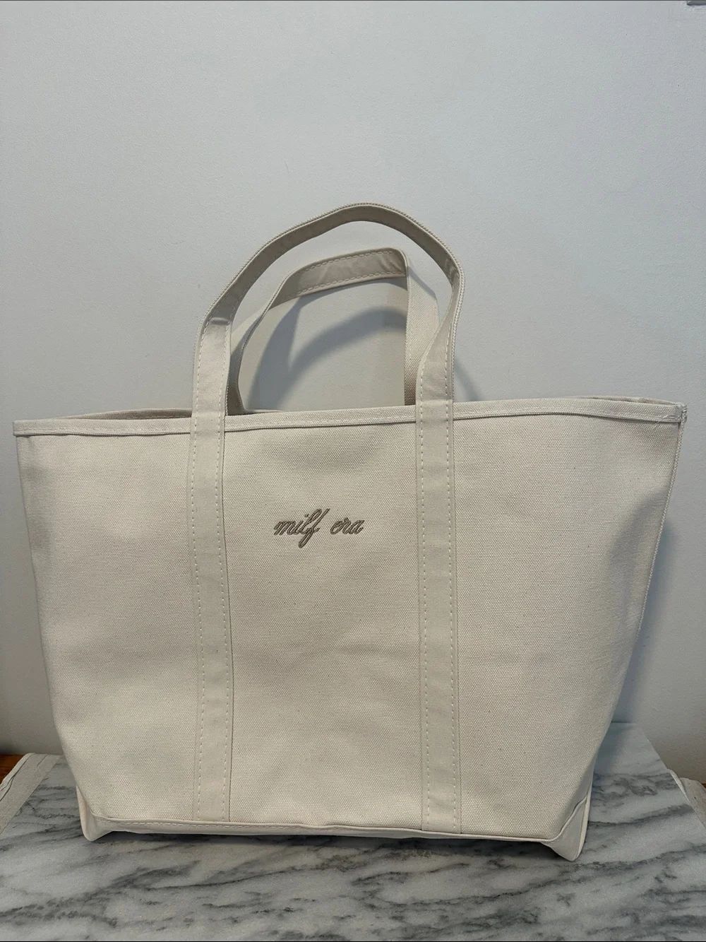 LLBean Boat and tote Canvas Tote Bag with 'milf era' Script - Cream large